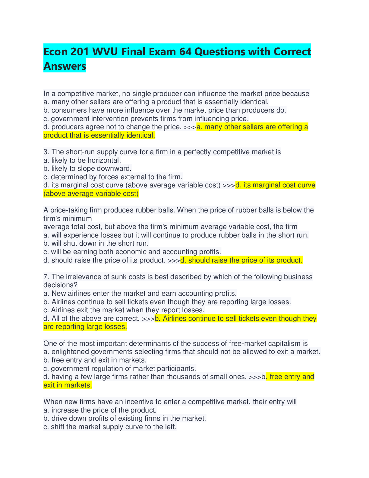 Preview image for Econ 201 WVU Final Exam | 64 Questions with Correct Answers